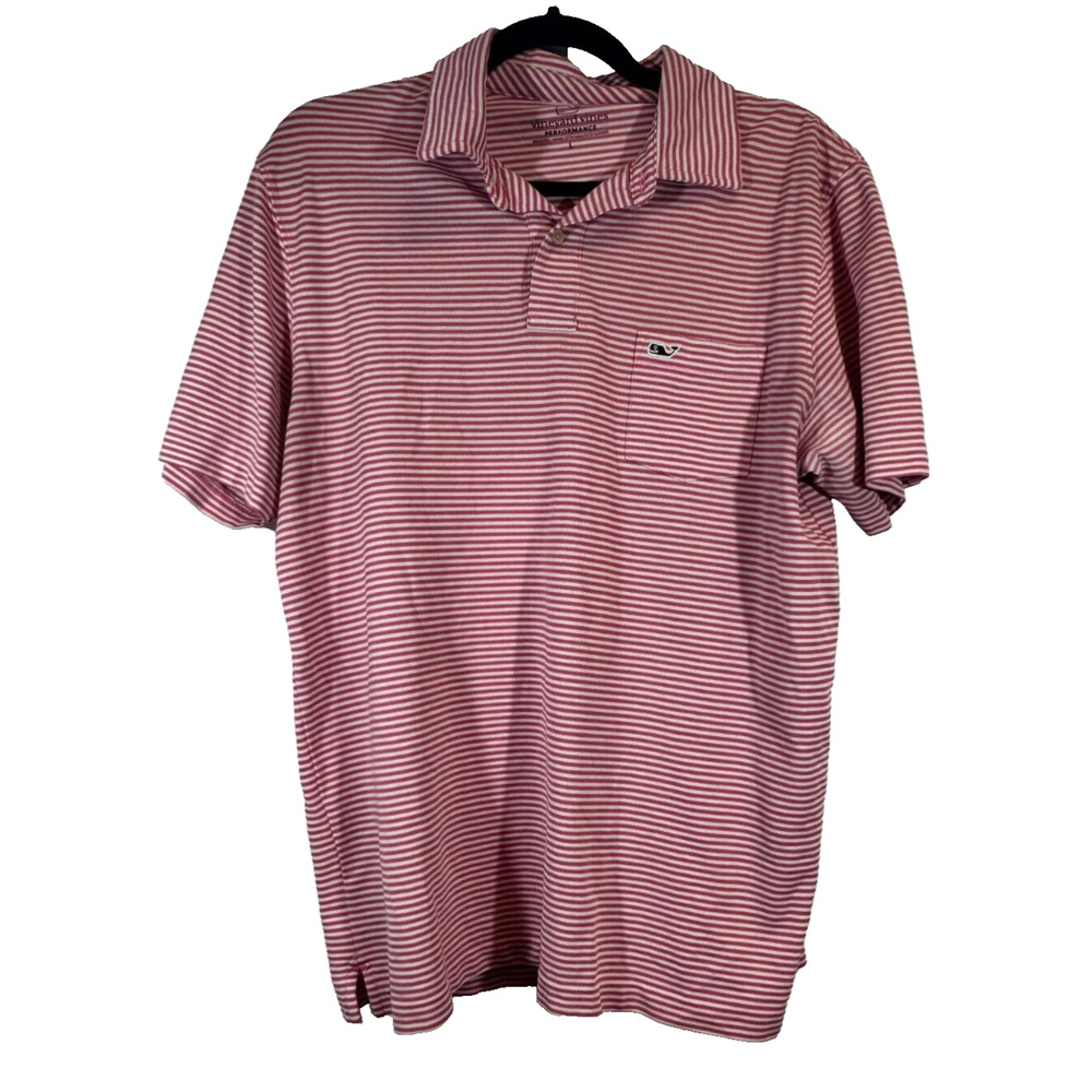 Vineyard Vines Polo Shirt Mens L Pink White Striped Whale Performance Pima A35 - Picture 1 of 6
